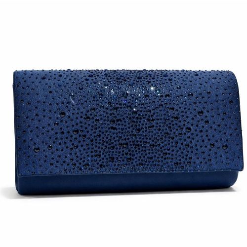Navy blauw enveloptasje rijkelijk versierd met glazen halve bolletjes, welke druppel gewijs zijn verspreid over de klep