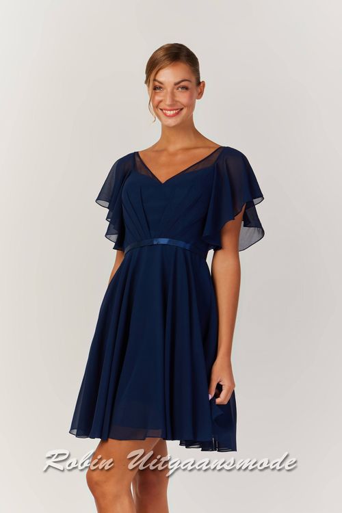 Navyblauw Chiffon cocktailjurkje met geplooide mouwtjes