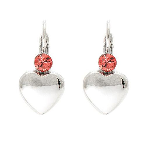 Oorbellen met zilverkleurig hartje en een rode strass steen