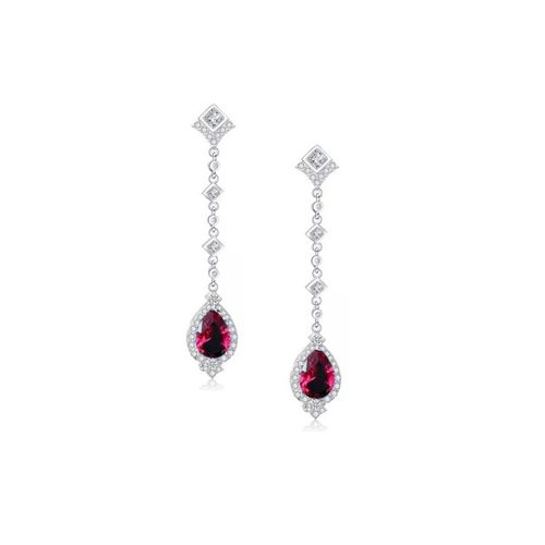Lange glamour oorbellen met zirkonia en rode kristal