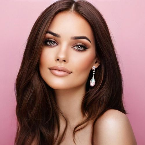 Bridgerton style oorbellen met roze gesimuleerde parels, gedragen door een model