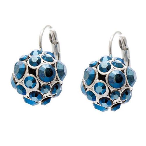Zilvergekleurde bolvormige oorbellen met blauwe strass steentjes