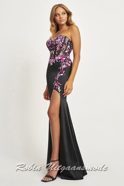 Zwart-fuchsia Strapless galajurk met bloemen korsetlijfje en split