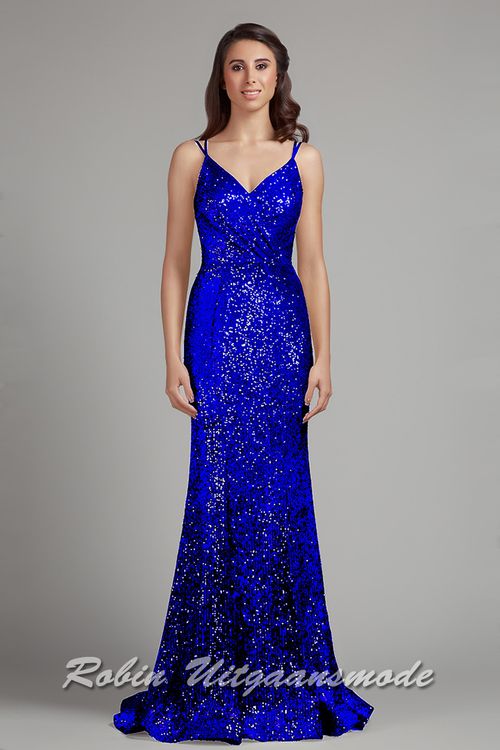 Blauwe Fishtail glitterjurk met gedrapeerde V-hals, smalle bandjes en een rugdecolleté