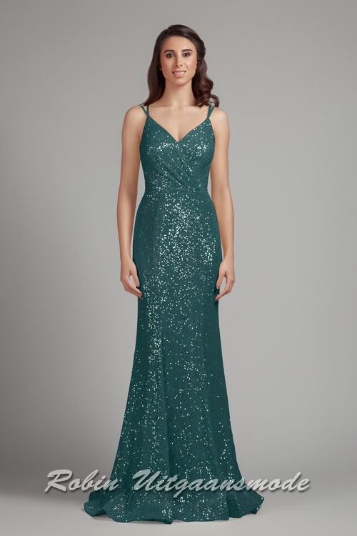 Teal Fishtail glitterjurk met gedrapeerde V-hals, smalle bandjes en een rugdecolleté