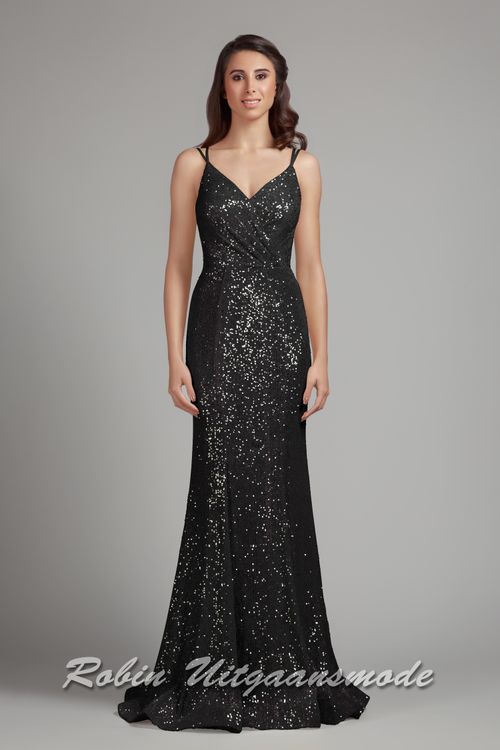 Zwarte Fishtail glitterjurk met gedrapeerde V-hals, smalle bandjes en een rugdecolleté