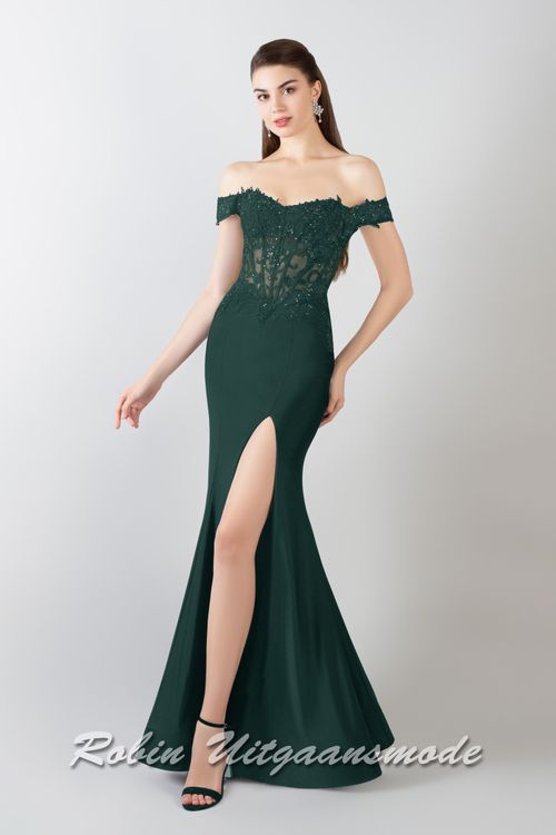 Jagersgroene Strapless galajurk met glitter korset lijfje en hoge split