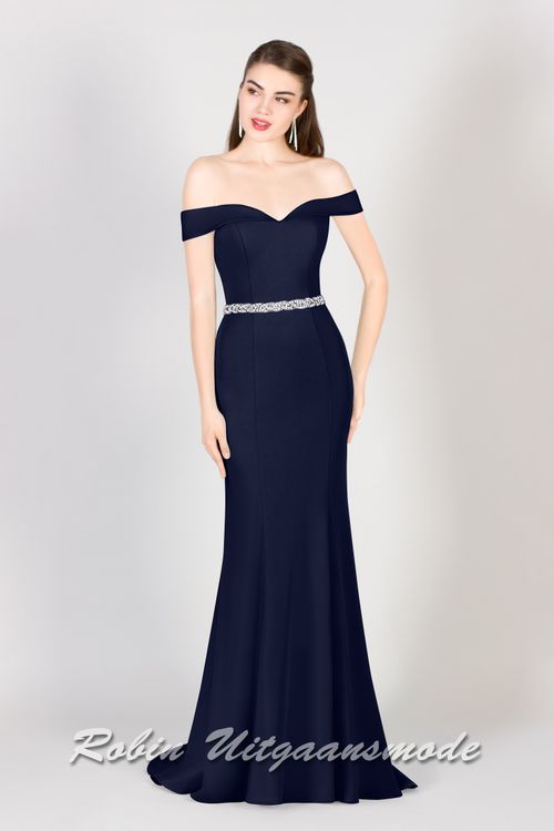 Strapless navy blauwe galajurk met afhangende schouderbanden