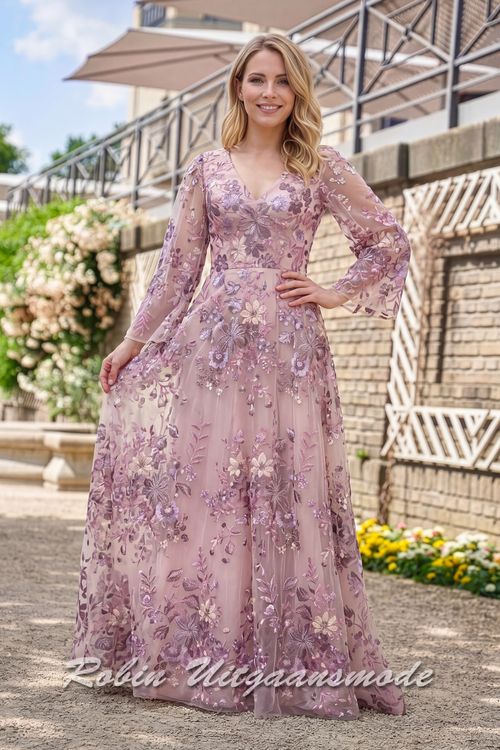 Blush print bloemen avondjurk met A-lijn rok, een V-halslijn, bedekte schouders en semi transparante trompet mouwen