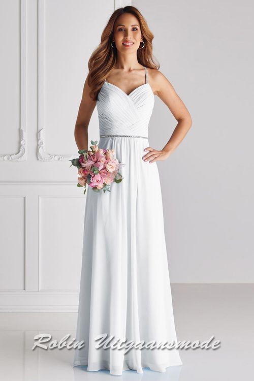 Witte Avondjurk met vrouwelijk V-hals en bandje met strass