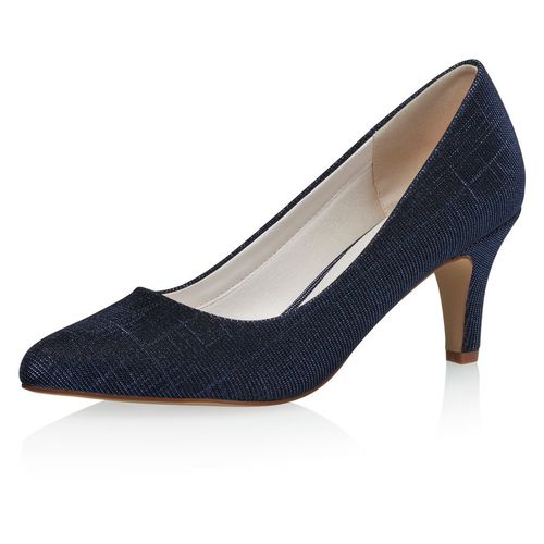 Navyblauwe Metallic glamour pump met comfortabele hak