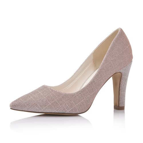 Modieuze rose goud metallic pump met elegante neus en hoge hak