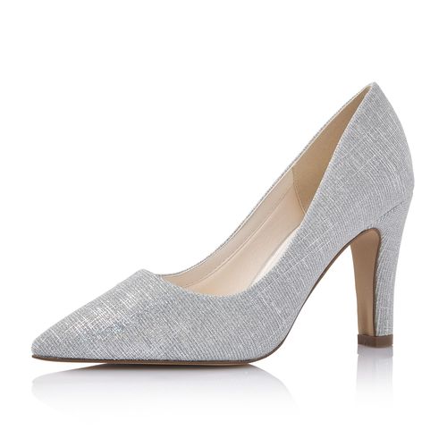 Modieuze zilver metallic pump met elegante neus en hoge hak