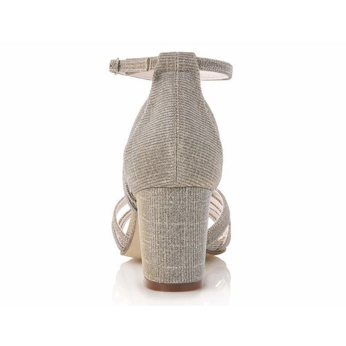Achterkant van de Gouden Glitter peep toe sandaal met stevige hak en gesloten hiel
