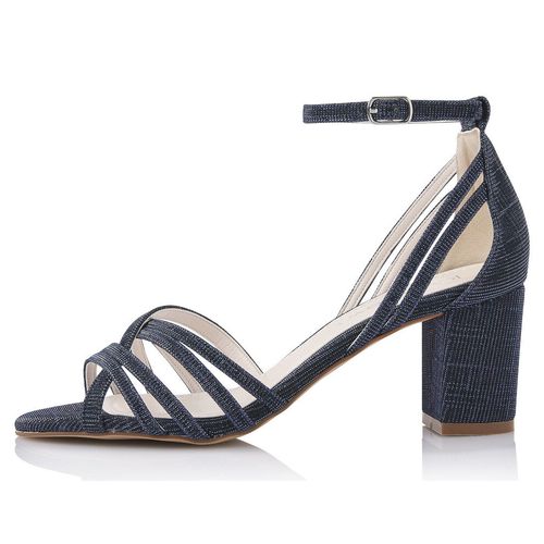 Zijaanzicht van de Navyblauwe Glitter peep toe sandaal met stevige hak en gesloten hiel
