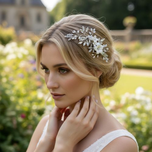 Delicate bloemen haarspeld met imitatie parels, gedragen door een bruid