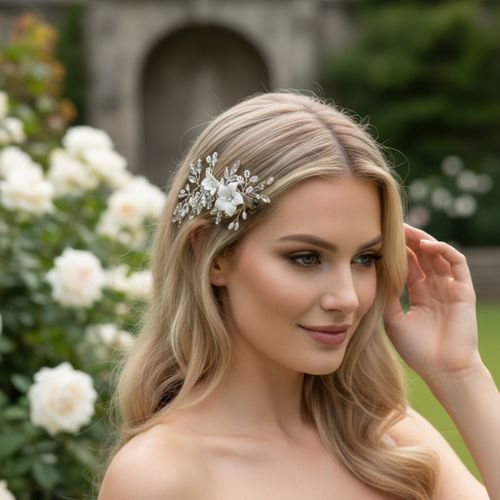Delicate bloemen haarspeld met imitatie parels, gedragen door een bruid