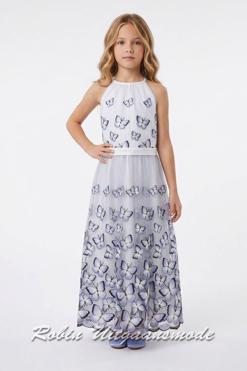 Vrolijke bruidsmeisjes jurk met lavendel vlinders, boothalslijn, blote schouders  en een lange rok