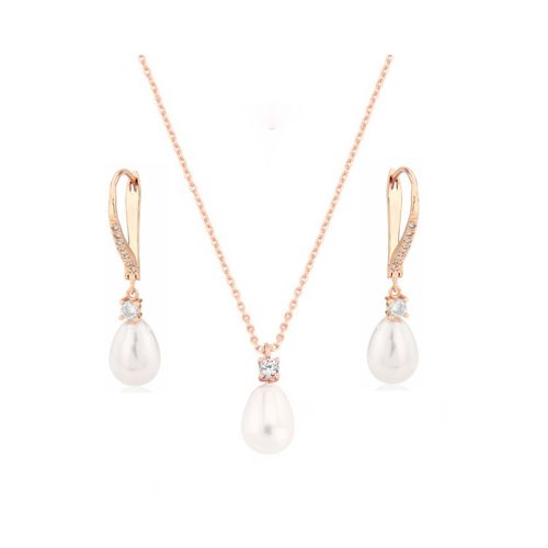 Vintage style rose goudkleurige ketting en oorbellen set parels en kristallen
