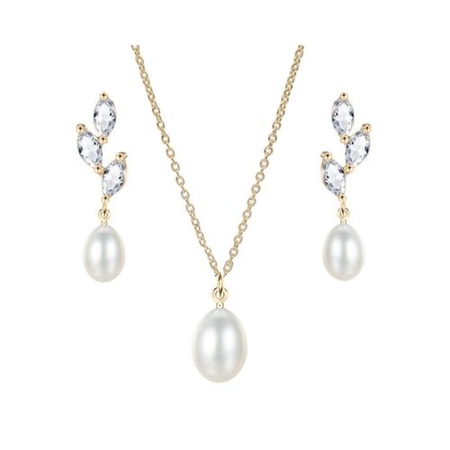 Ketting en oorbellen set met parelhangers en zirkonia kristallen