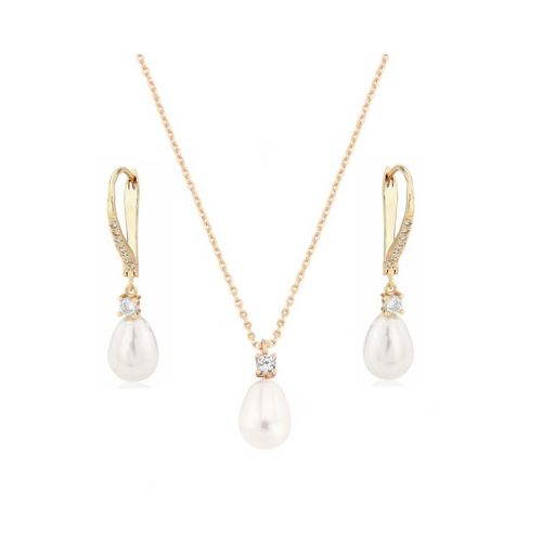 Vintage style goudkleurige ketting en oorbellen set parels en kristallen