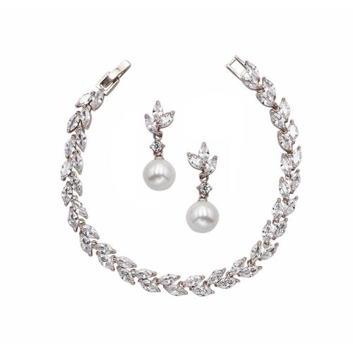 Zirkonia armband set met bijpassende parel oorbellen