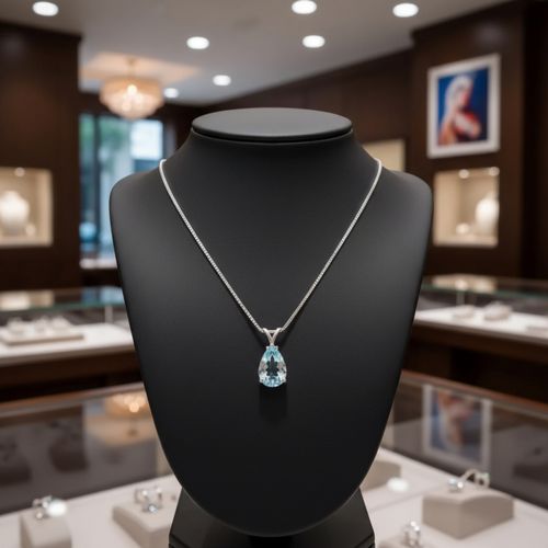 Ketting met aqua blauwe kristal hanger, op een buste