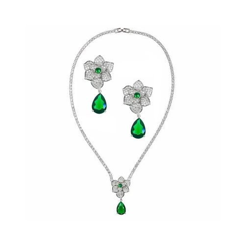 Vintage look bloemen sieraden set met smaragdgroene kristallen