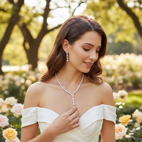 Glamour sieradenset met lange hangers, gedragen door een model