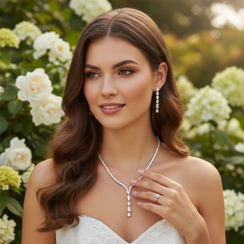 Glamour sieradenset met lange hangers, gedragen door een model