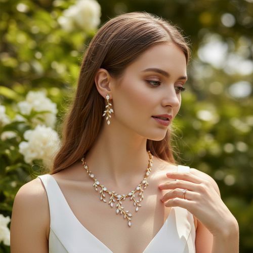 Extravagante ketting en oorbellen set afgewerkt met zirkonia kristallen, gedragen door een model