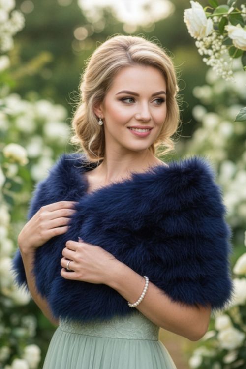 Marbou stola in het navy blauw, gedragen door een model