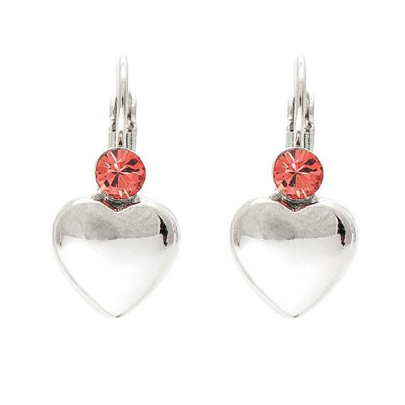 Oorbellen met zilverkleurig hartje en een rode strass steen