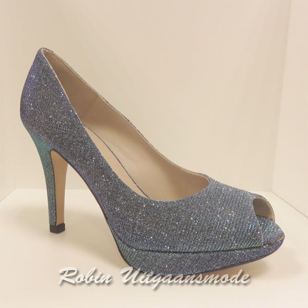 Blauwe glamour glitterpumps met hoge hak en plateauzool