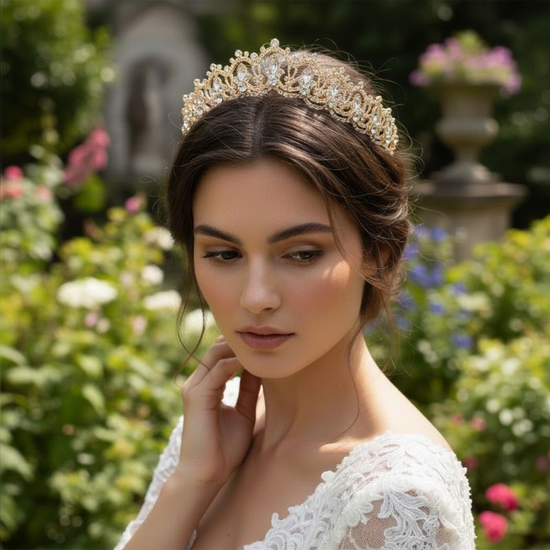 Tiara met marquise geslepen kristallen, gedragen door een bruid