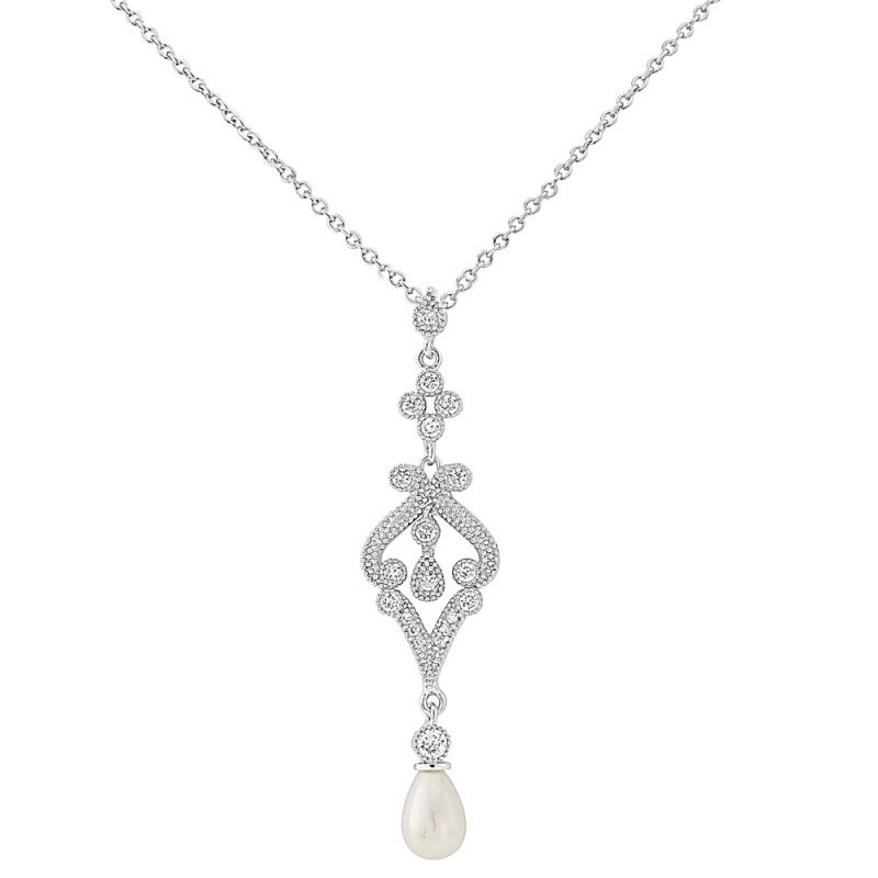 Vintage stijl ketting met cubic zirkonia kristallen en parel